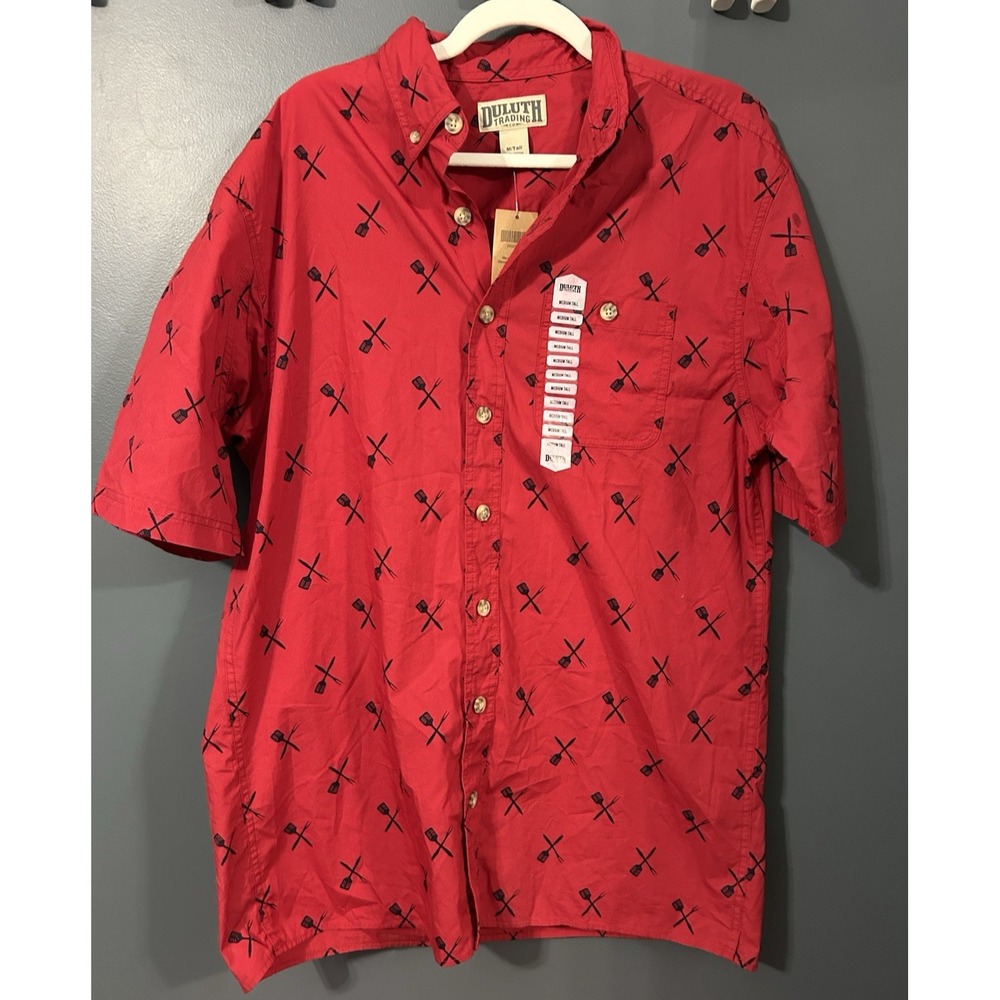 $45 NWT Duluth Trading Mens Red BBQ Short Sleeve Shirt Grill Print Medium Tall